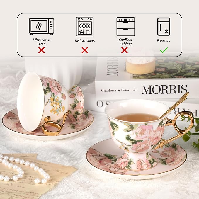 KAMMAK Tea Cups and Saucers Set of 2, Fine Bone China Coffee Cups, NX025 | - Image 8