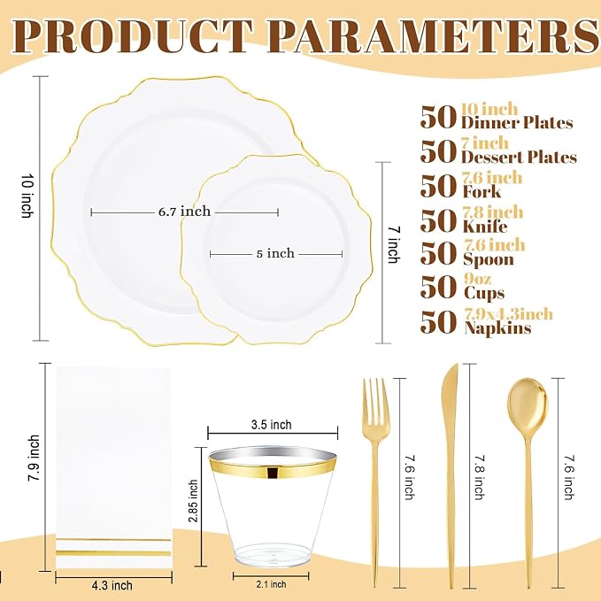 350PCS White and Gold Plastic Plates - Image 4