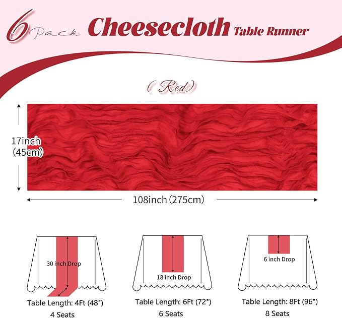 6 Pack Red Cheesecloth Table Runner, 17 x 108 inch, Semi Sheer Boho Cheese - Image 3