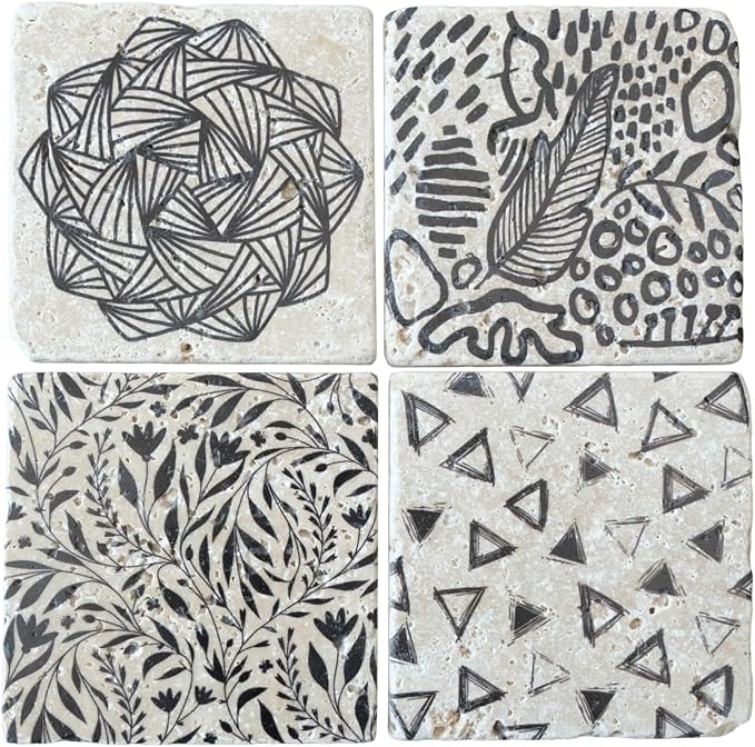 Black and White Modern Coaster Set of 4, Absorbent Square Coasters by Sunrush