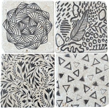 Black and White Modern Coaster Set of 4, Absorbent Square Coasters by Sunrush