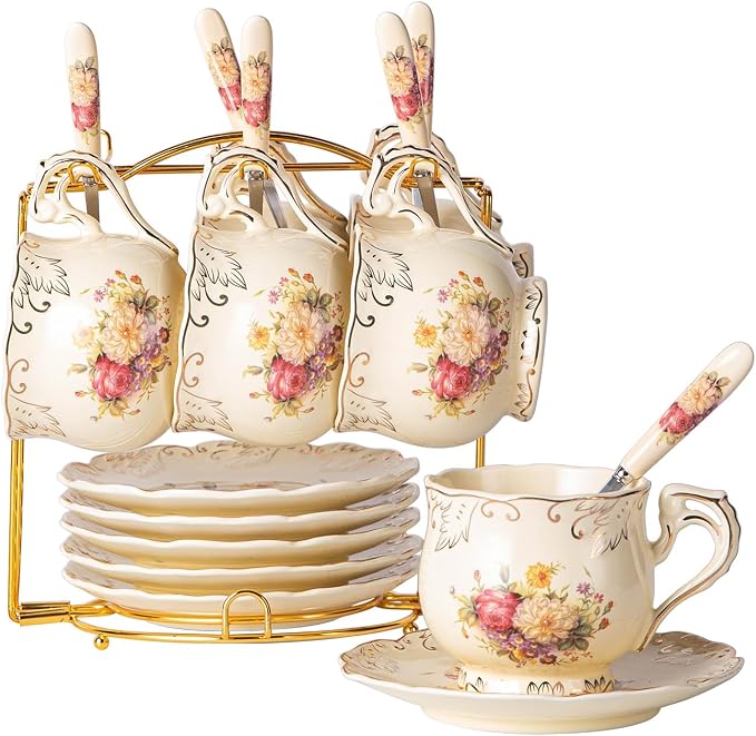 YOLIFE Tea Cups and Saucers Set of 6, 8 OZ Flowering Shrubs Coffee Cups | Ivory by YOLIFE