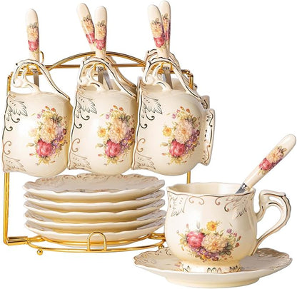 YOLIFE Tea Cups and Saucers Set of 6, 8 OZ Flowering Shrubs Coffee Cups | Ivory by YOLIFE