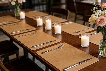 Faux Leather Placemats Set of 6, 18×12 Inch Waterproof Wipeable PU Place Mats Heat Resistant Anti Slip Dining Table Place Mats for Kitchen Dining Indoor & Outdoor Use (Light Brown)