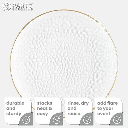 PARTY BARGAINS 13-Inch Charger Plates - 48 Pack, Hammered Clear Gold Rim, Heavy-Duty Disposable Chargers for Elegant Dining - Ideal for Weddings and Formal Events