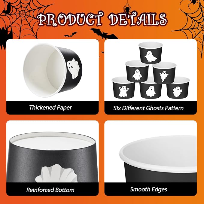 CHENGU 60 Pcs Halloween Snack Cups 9 oz Disposable Ghost Paper Ice Cream Bowls - Image 6