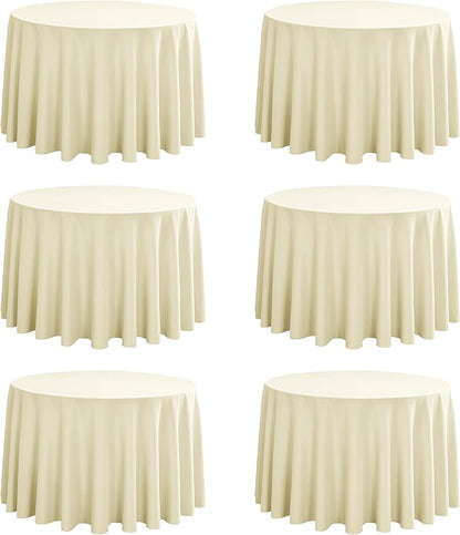 6-Pack Round 108-inch Beige Table Cloths, Solid Stain and Wrinkle Resistant Circular Tablecloth, Premium Plain Weave Polyester Fabric Table Linen Covers for Hotel, Banquet