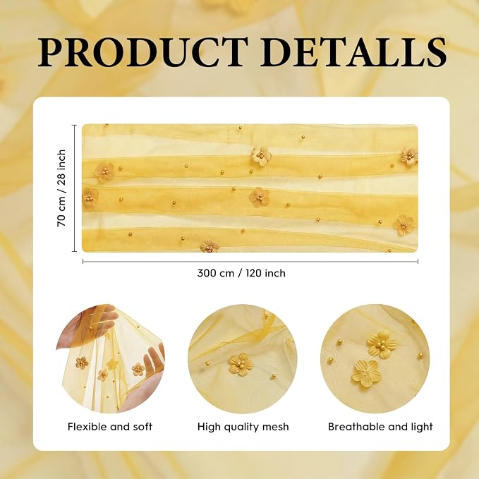 Artoid Mode Yellow Flower Pearl Yellow Gauze Table Runner 10FT 3PC, Seasonal - Image 7