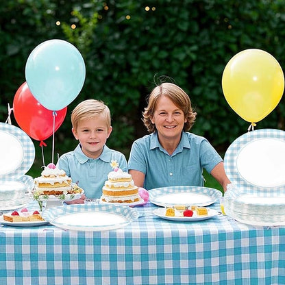 50PCS Light Blue Gingham Paper Oval Plates 10" X 12" Disposable Light Blue and White Gingham Party Plates Disposable Heavy Duty Checkered Plaid Dinnerware for BBQ Gathering Picnic Baby Shower Birthday