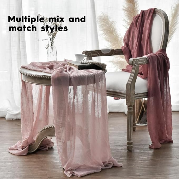Artoid Mode Boho Cheesecloth Gauze Rouge Wedding Table Runner, 120 Inch - Image 4