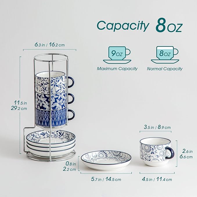 vancasso 8 OZ Cappuccino Cups Set of 4, Porcelain Stackable Espresso Cups | - Image 2