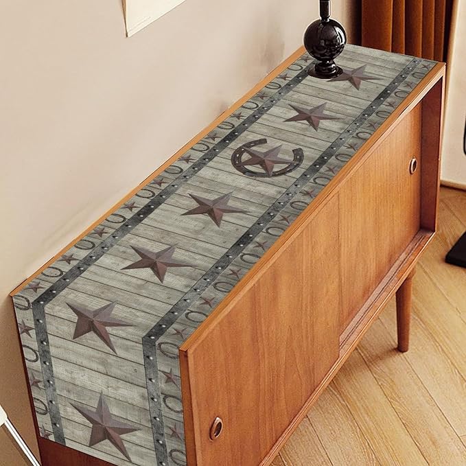 Western Texas Table Runner, ustic Farmhouse Grey Wooden Stars Hoof Cowboy - Image 2