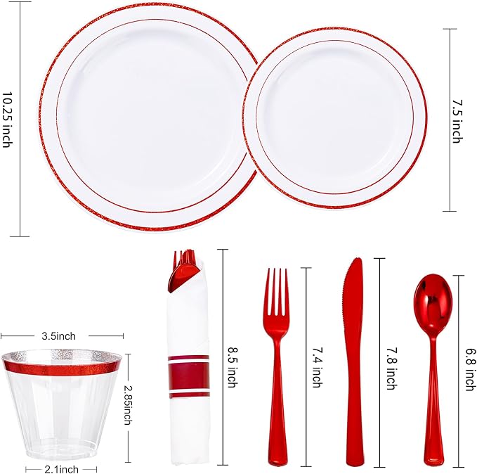 WELLIFE 350-Piece Red Plastic Party Dishware Set - Image 2