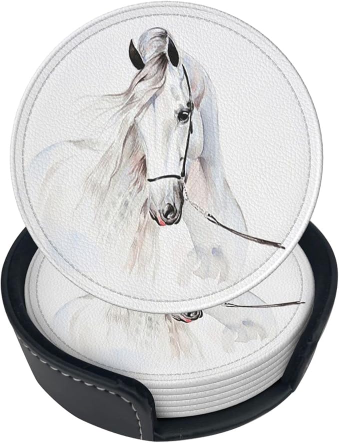 6 Pcs White Horse Animal Leather Coasters by NiuKom
