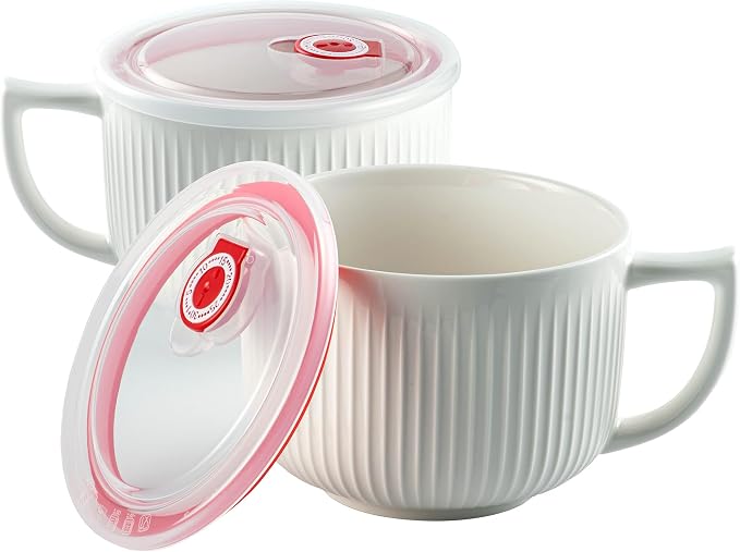 Ceramic Soup Bowl with Handle&Lid, Jumbo 38oz Microwave Ramen Bowl Set of 2 | by Hoilse