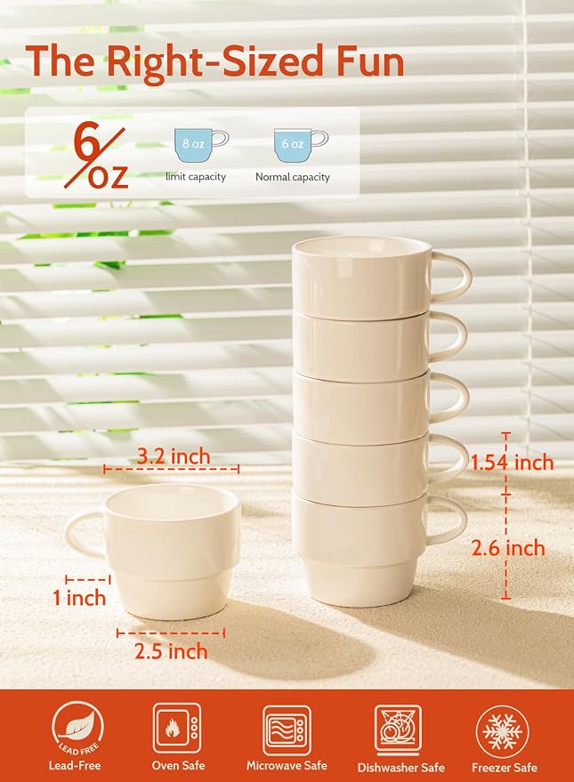 Sweese Porcelain Espresso Cups Set of 6, stackable cups, - Image 2