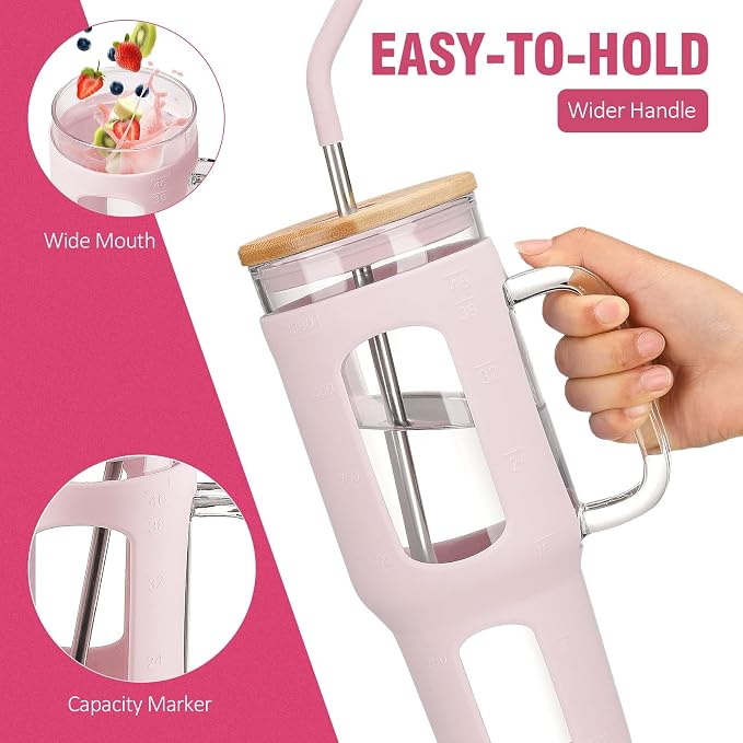 WINSA Glass Tumbler with Lid and Straw, 46 oz, Cotton Pink | Iced Coffee Cup - Image 3