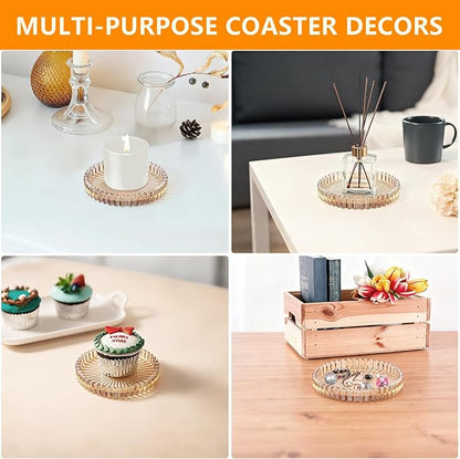 Round Modern Clear Coasters Set of 4, VIBRATITE 4 Inch Glass Cup Coaster Modern Crystal Coasters for Drinks Coffee Office Bar Kitchen Home Wedding Party Decor (Amber)