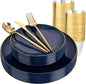 bUCLA 150PCS Blue and Gold Plastic Plates - 25 Guests Navy Blue Plastic Dinnerware Disposable for Party and Hanukkah - Include 25 Dinner/Dessert Plates, 25 Knives, 25 Forks, 25 Spoons, 25 Cups