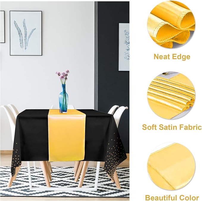 24Pack Disposable Plastic Tablecloths and Satin Table Runner Set Black Gold Dot - Image 3
