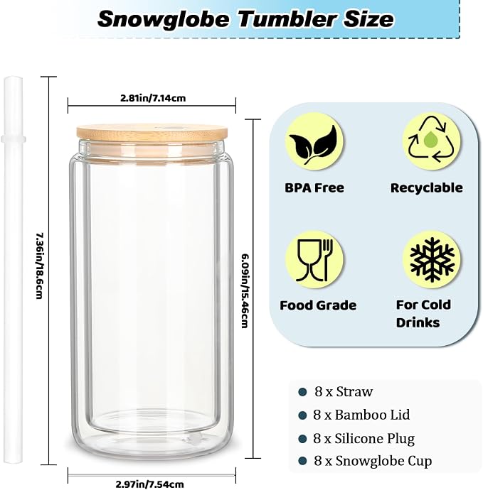 8 Pack 16 Oz Sublimation Snow Globe Tumbler, Snow Globe Cups - Image 2