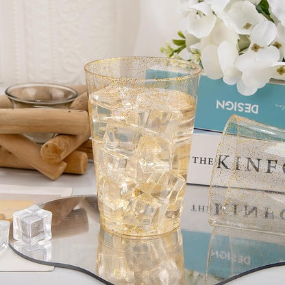I00000 200 Pack 12 oz Gold Glitter Plastic Cups, Clear Disposable Cups, Disposable Plastic Wine Glasses Cocktail Glasses Premium Cups, 12 Ounce Glitter Tumblers for Party & Wedding