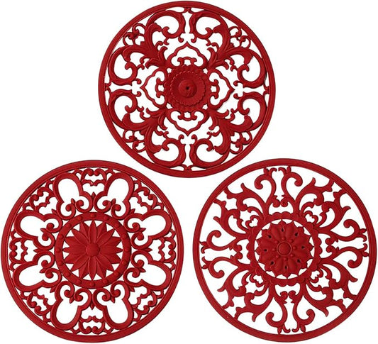 Extra Thick Silicone Trivet Mat for Hot Dishes, Hot Pots and Pans, Pot Holder, Hot Pad to Portect Your Table and Countertop, Kitchen Decor and Accessories,Merlot Red,Set of 3