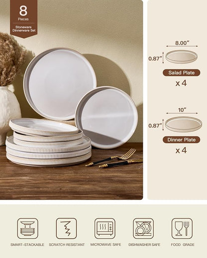 Ceramic Dinnerware Set for 4, 8-Piece Flat Dinner Plates and Salad Plates | - Image 2