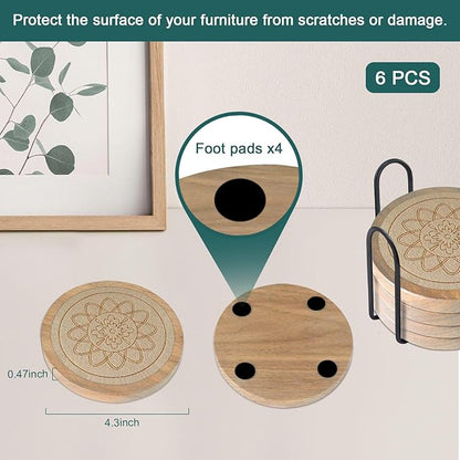 Wood Coasters for Drinks Housewarming Gifts for Home Decoration Absorbent Coasters with Holder for Coffee Tabletop Protection 4.3 Inch Beige