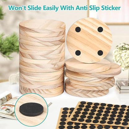 Adrattnay 96Pcs Unfinished Wood Coasters, 4" Round, Beige Pine Wood Drink Coasters with Non-Slip Dot for Tabletop Protection