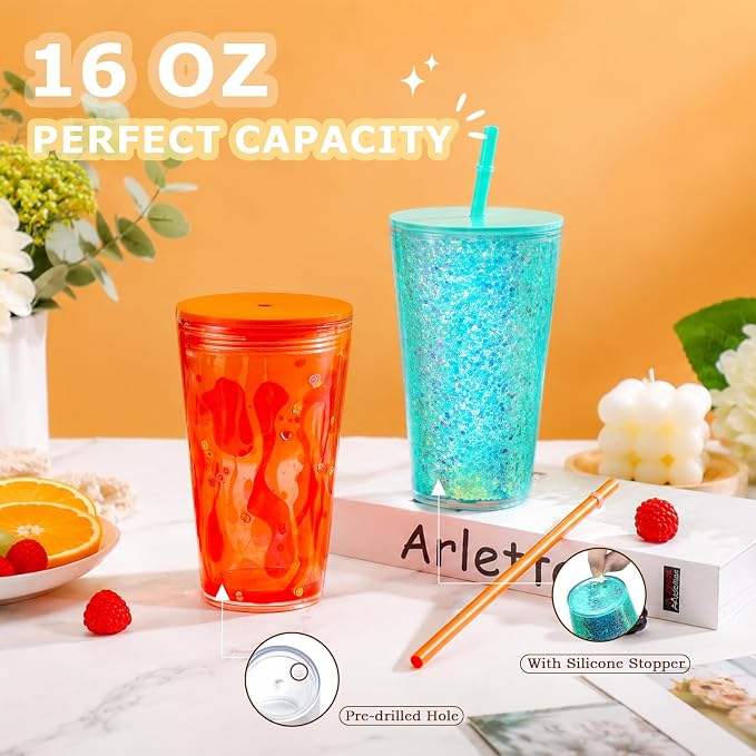 8 Pack 16 Oz Acrylic Snowglobe Tumbler, Pre-Drilled Double Wall Plastic Kids - Image 3