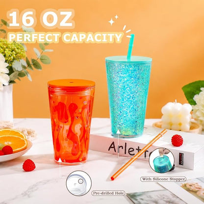8 Pack 16 Oz Acrylic Snowglobe Tumbler, Pre-Drilled Double Wall Plastic Kids - Image 3