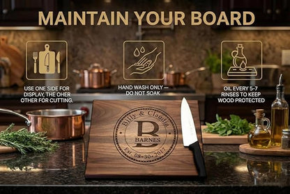 Wedding Gifts or Gifts for Anniversary Couples Custom Cutting Board – Personalized Wedding Gift with Names & Date – Handmade in USA, (Wood Coasters, Display Stand & Gift Wrap options)