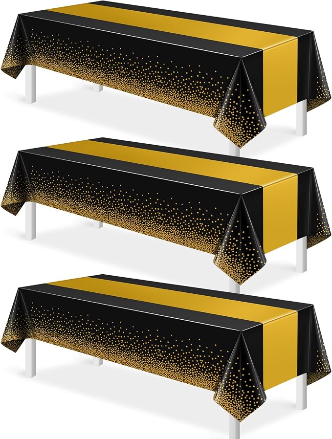 3Pcs Black and Gold Tablecloth Party Decorations, Plastic Black Table Cloth by MASHAN