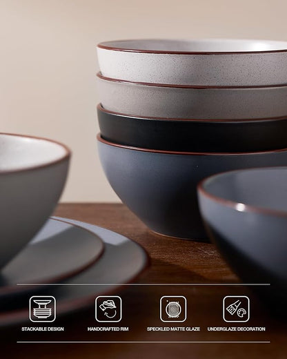 Famiware Venus Ceramic Plates and Bowls Sets, Speckled Dinnerware Dish Sets for 8 (24 Pieces) - Microwave and Dishwasher Safe, Matte Multi-color