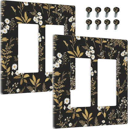 Outlet Covers Black/Gold Boho Botanical Floral Rustic Flowers 2 Gang Light Switch Cover Double Rocker Wall Plate Decorative GFCI Receptacle Electrical Switchplate for Bathroom Kitchen（2 Pack）