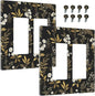 Outlet Covers Black/Gold Boho Botanical Floral Rustic Flowers 2 Gang Light Switch Cover Double Rocker Wall Plate Decorative GFCI Receptacle Electrical Switchplate for Bathroom Kitchen（2 Pack）