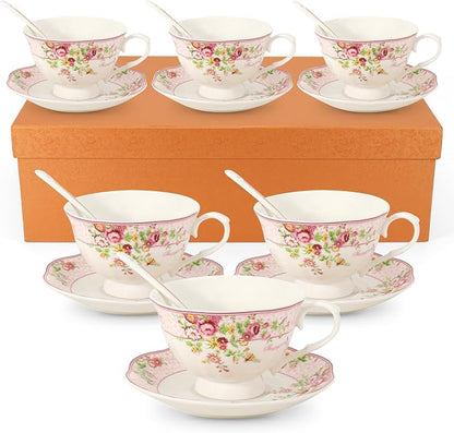 Cup and Saucer Sets of 6 with Spoon, 8oz Ceramic Tea Cups Saucers Set Porcelain by SWEDOU