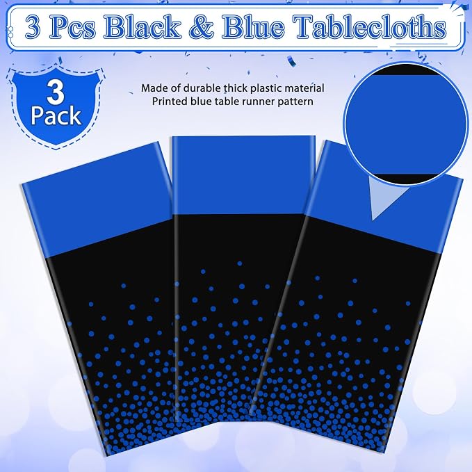 MASHAN 3Pcs Black and Blue Tablecloth Party Decorations, Plastic Black Table - Image 4