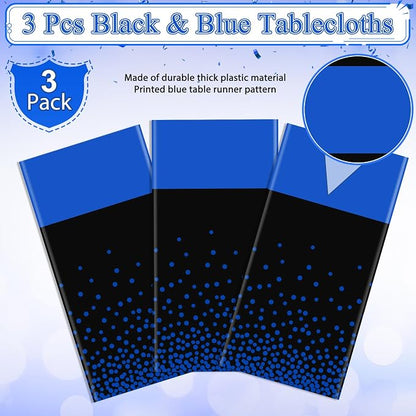 MASHAN 3Pcs Black and Blue Tablecloth Party Decorations, Plastic Black Table - Image 4