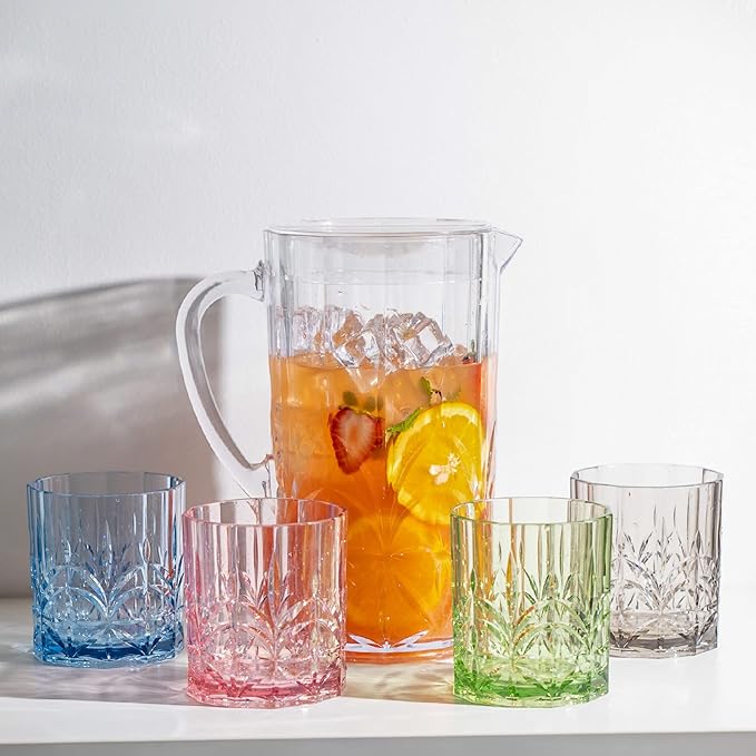 BELLAFORTE Shatterproof Tritan Plastic Short Tumbler, Set of 4, 13oz - Myrtle Beach Unbreakable Crystal Cut Old Fashioned Drinking Glasses for Whiskey - BPA Free - Dishwasher Safe - Grey