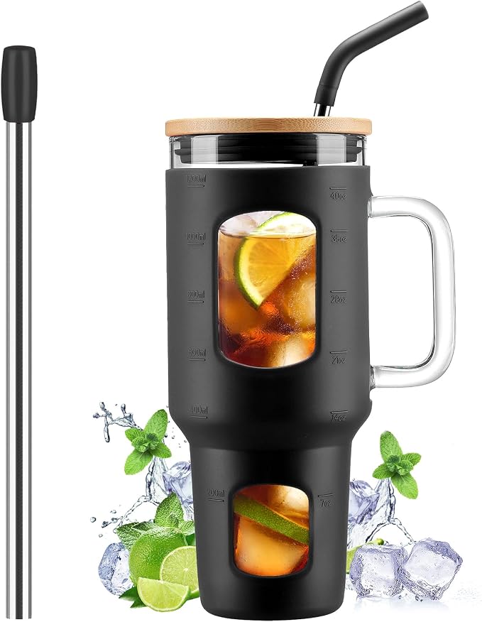 WINSA Glass Tumbler with Straw and Lid, 40 oz, Glass Water Bottles with Time by WINSA