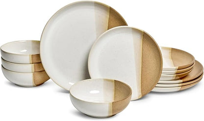 Sango 12 Pieces Stoneware Dinnerware Set, Glossy Caramel & Cream Dishes - Image 9