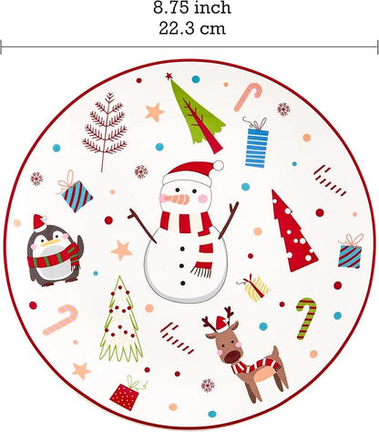 Bico Christmas Merry Crew Salad Plates Set of 4, 8.75 Inch Ceramic Dessert Plates for Salad, Appetizer, Side Dishes, Microwave and Dishwasher Safe, Gift for Housewarming and Christmas