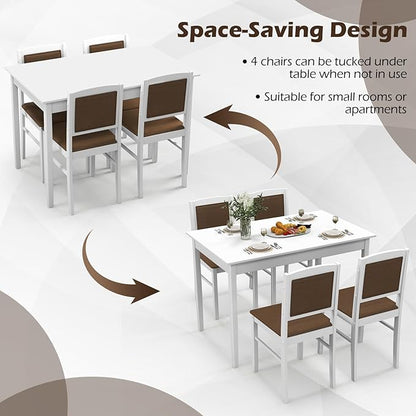 POWERSTONE Farmhouse Wood Dining Table Set for 4, Space-Saving Kitchen Table 4 Chairs Paded PU Leather, Rectangular 5 Piece Dining Table Set 4 Rubberwood Legs Chairs for Kitchen Indoor Dinner (White)