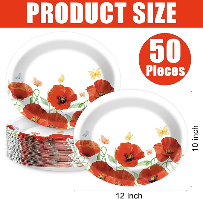 Poppy Oval Paper Plates 10’’ x 12’’,Large Disposable Heavy Duty and White Buffalo Checked Plaid Paper Plates for Birthday Wedding Bridal Baby Shower Tea Party Supplies,50 Guest