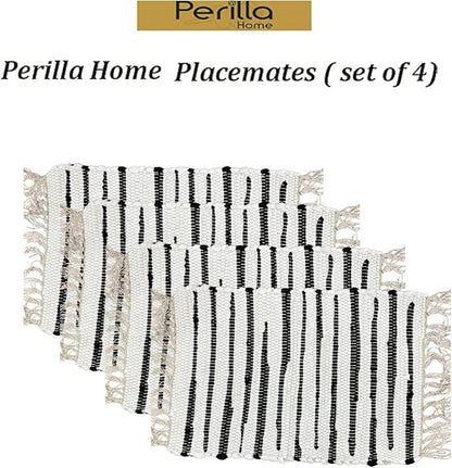 Perilla Home Placemat Set of 4 - Cotton Linen Blend Square Placemats - Farmhouse Rustic Woven Bohemian Machine Washable Table Mats with Tassels for Dining Table Decor (Black & White)