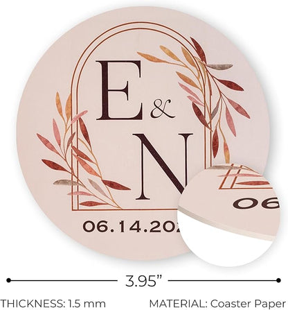 100 Pack Personalized Wedding Coasters, Custom Cardboard Coasters for Drinks with Photo Print and Text, Keepsake Wedding Favors and Gifts for Couples, 3.95" Round (Design 3)