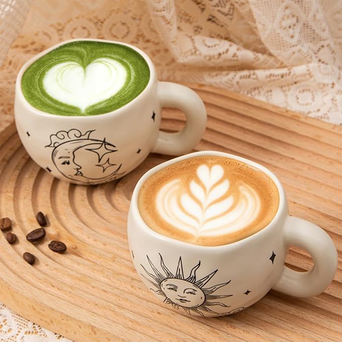 4pcs Boho Style Ceramic Moon and Sun Mugs, 9.4OZ Cute Coffee Cup Set, Matte - Image 4