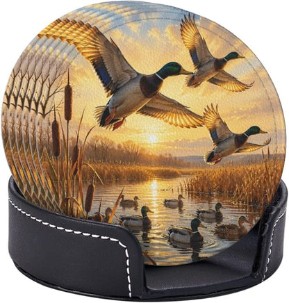 Mallard Duck Sunset Art Leather Coasters Set of 6 - Image 2